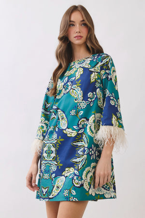TCEC Women's Dresses Floral Print Feather Trim Detail Mini Dress