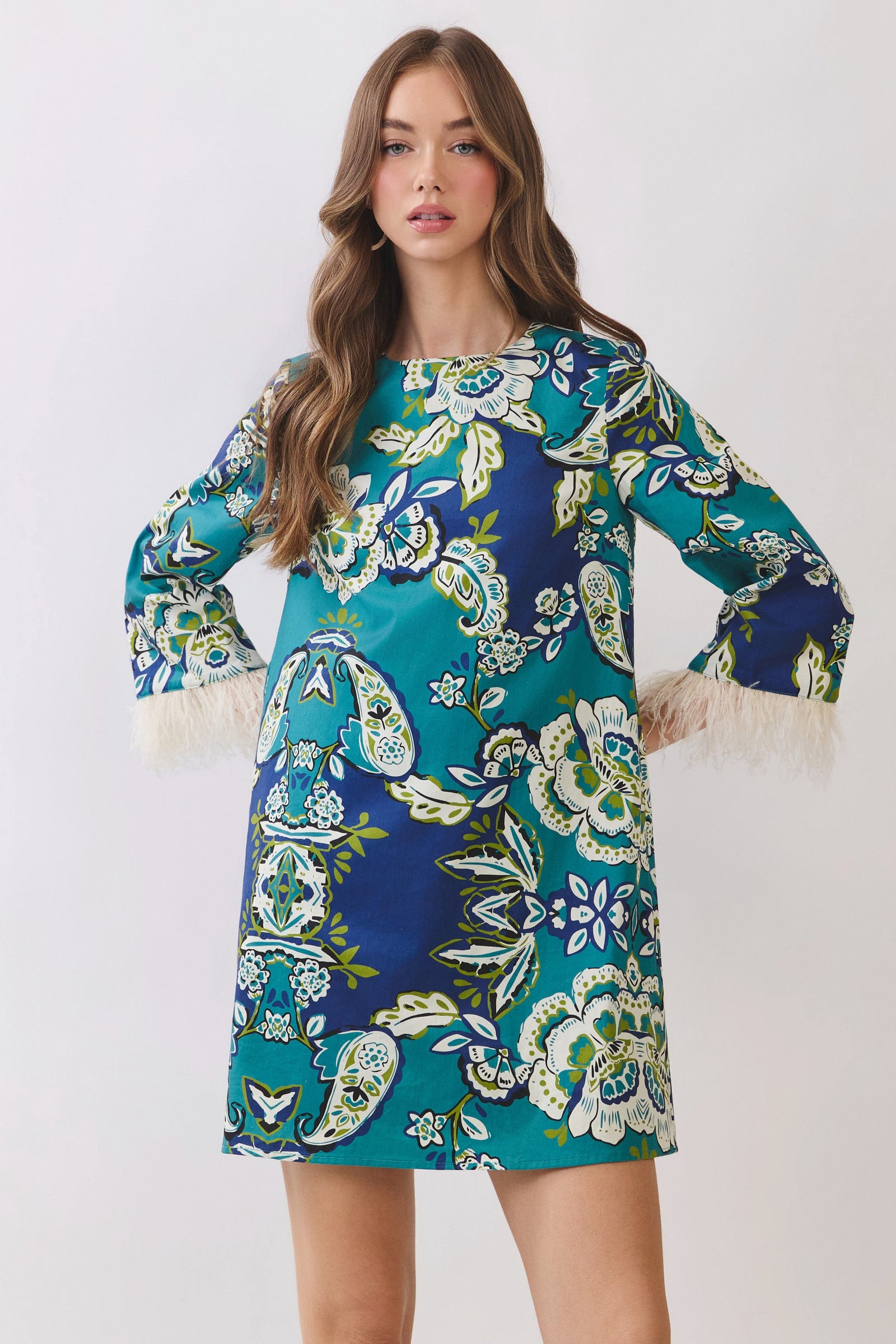 TCEC Women's Dresses Floral Print Feather Trim Detail Mini Dress