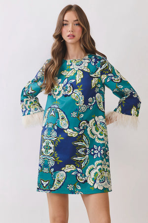 TCEC Women's Dresses Floral Print Feather Trim Detail Mini Dress