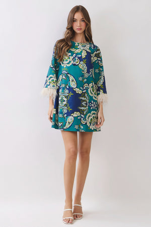TCEC Women's Dresses Floral Print Feather Trim Detail Mini Dress