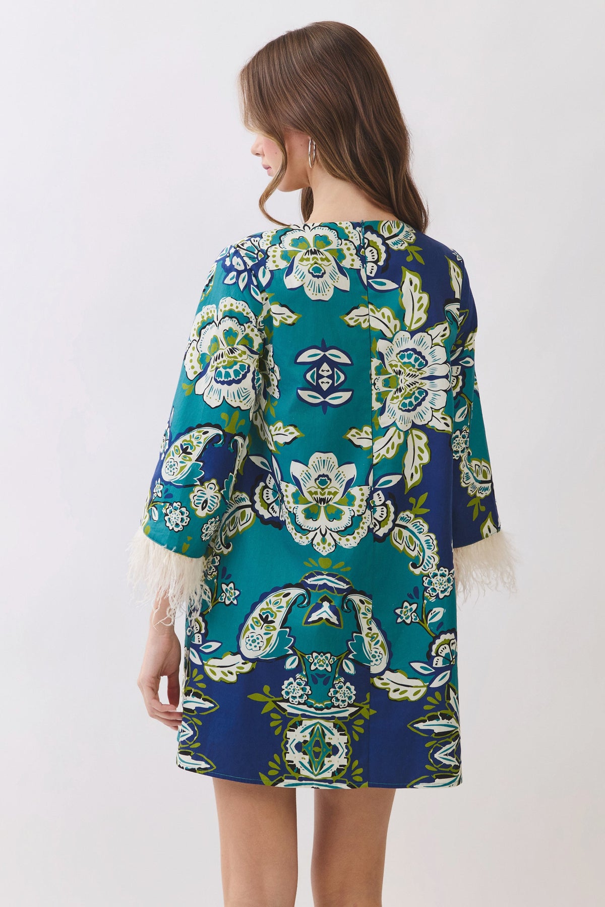 TCEC Women's Dresses Floral Print Feather Trim Detail Mini Dress