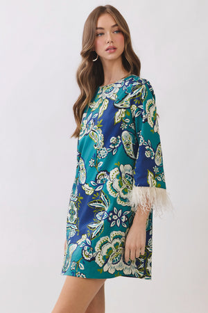 TCEC Women's Dresses Floral Print Feather Trim Detail Mini Dress