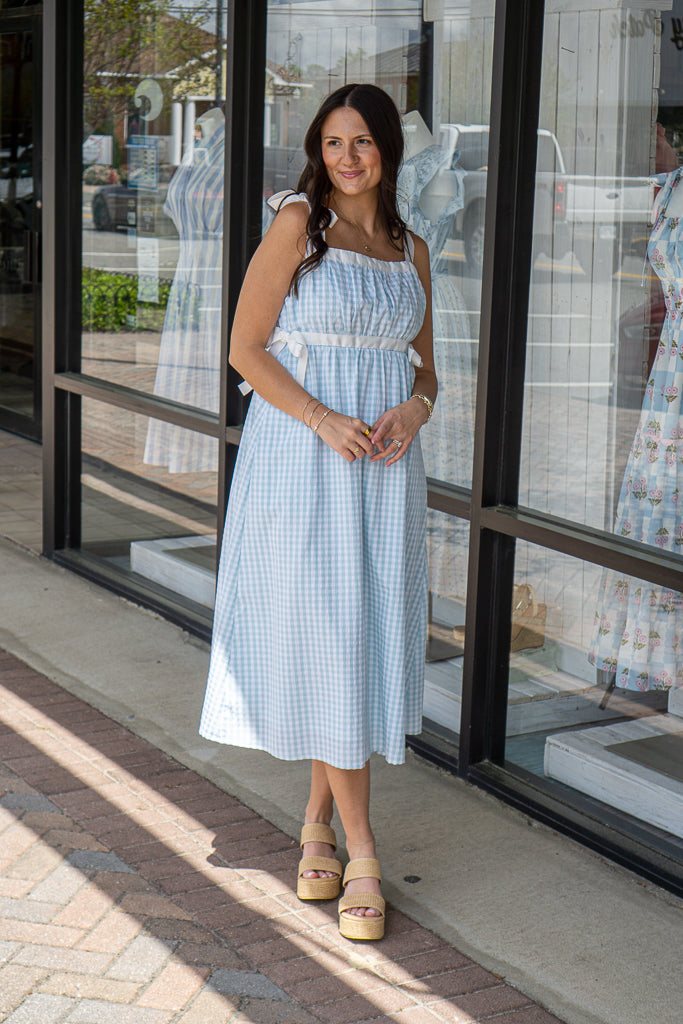 Gingham Ruched Bust High Waist Midi Dress - MINT / L Gingham Ruched Bust High Waist Midi Dress - MINT / L