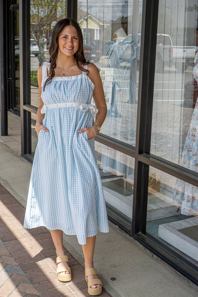 Gingham Ruched Bust High Waist Midi Dress - MINT / L Gingham Ruched Bust High Waist Midi Dress - MINT / L