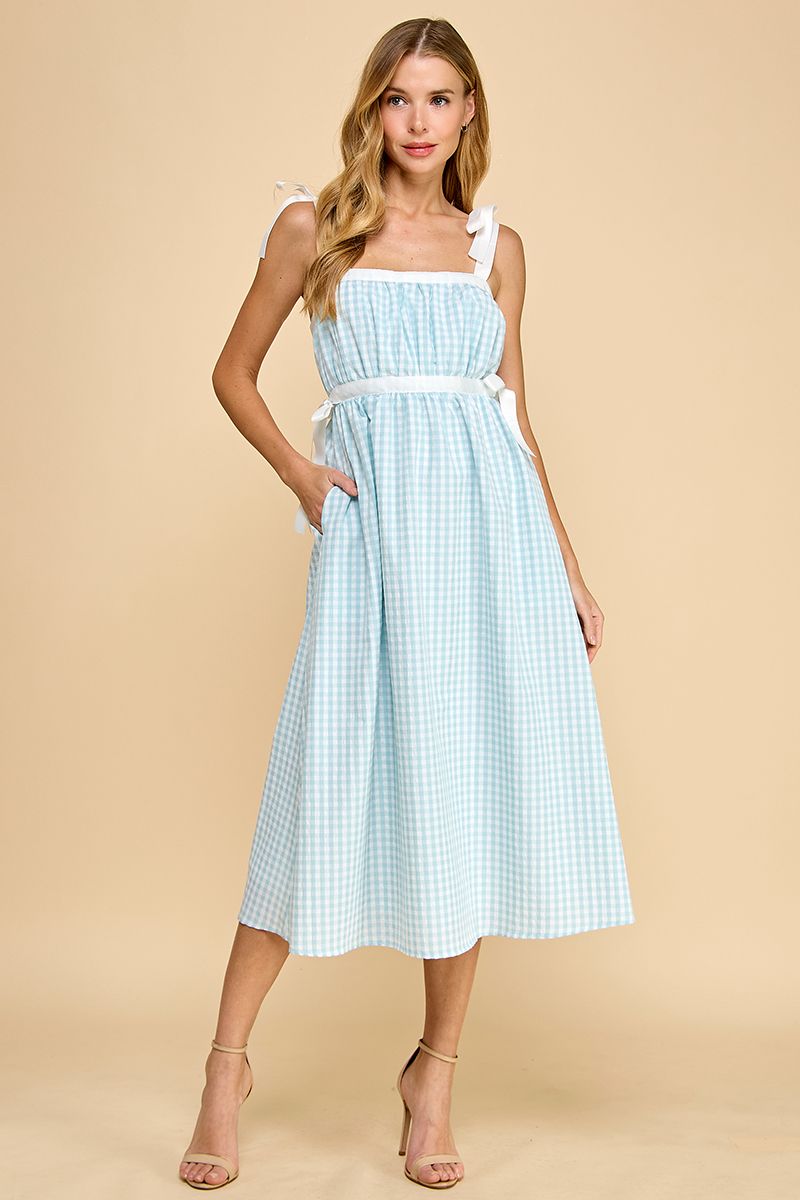 Gingham Ruched Bust High Waist Midi Dress || David's Clothing Gingham Ruched Bust High Waist Midi Dress || David's Clothing
