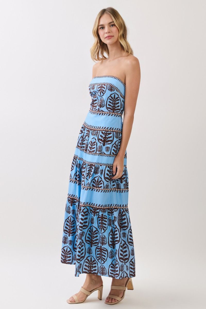 TCEC Women's Dresses Leaf Print Tiered Strapless Maxi Dress