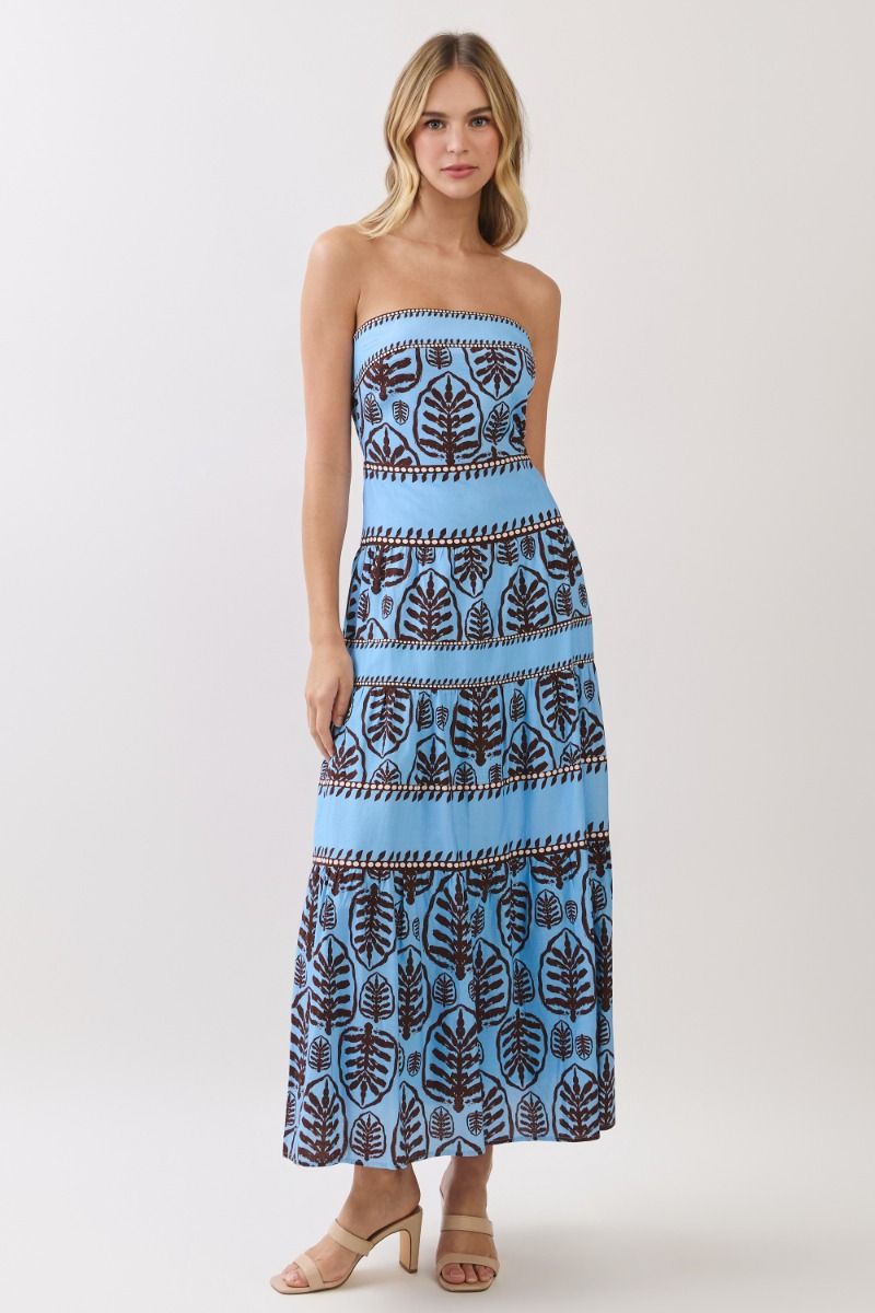 TCEC Women's Dresses Leaf Print Tiered Strapless Maxi Dress