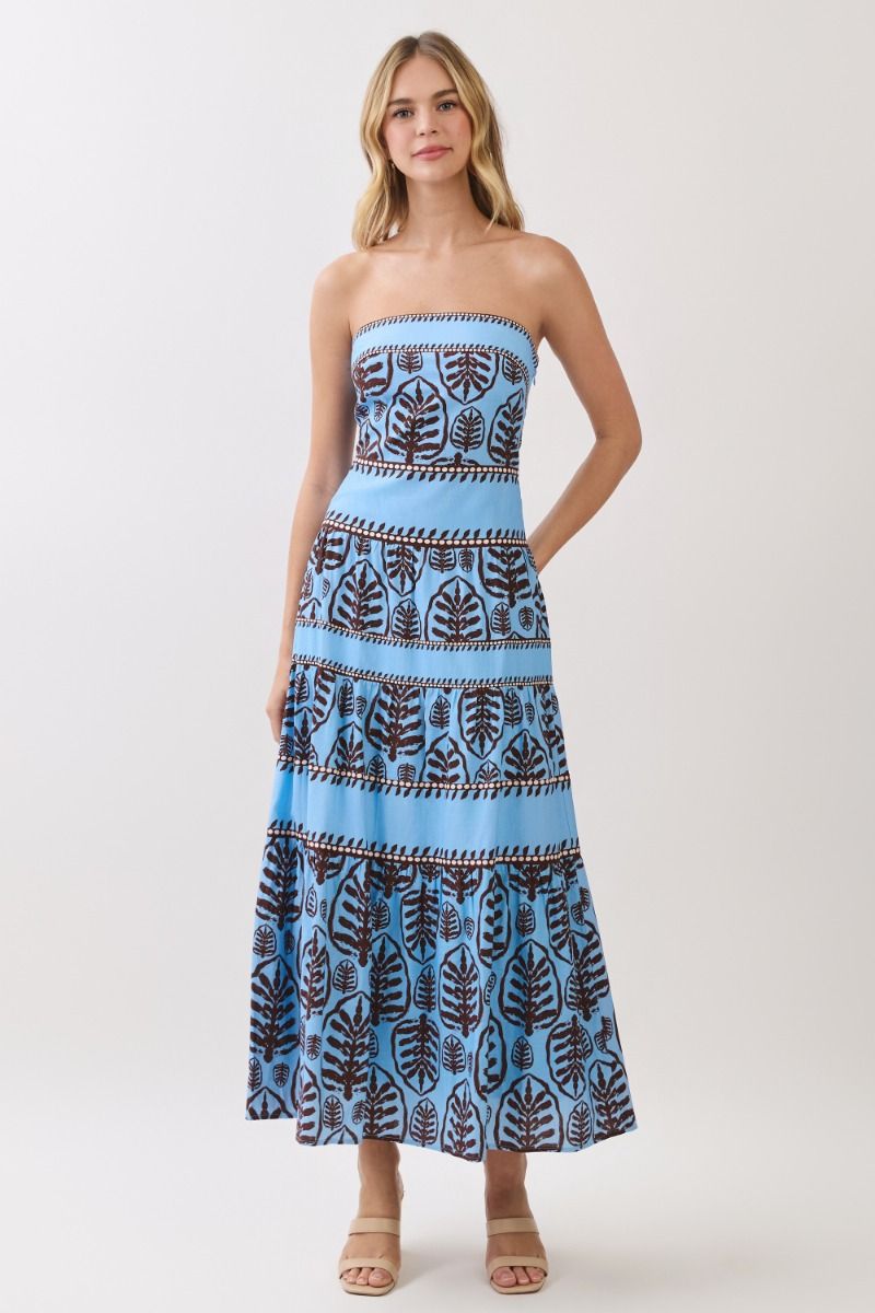 TCEC Women's Dresses Leaf Print Tiered Strapless Maxi Dress