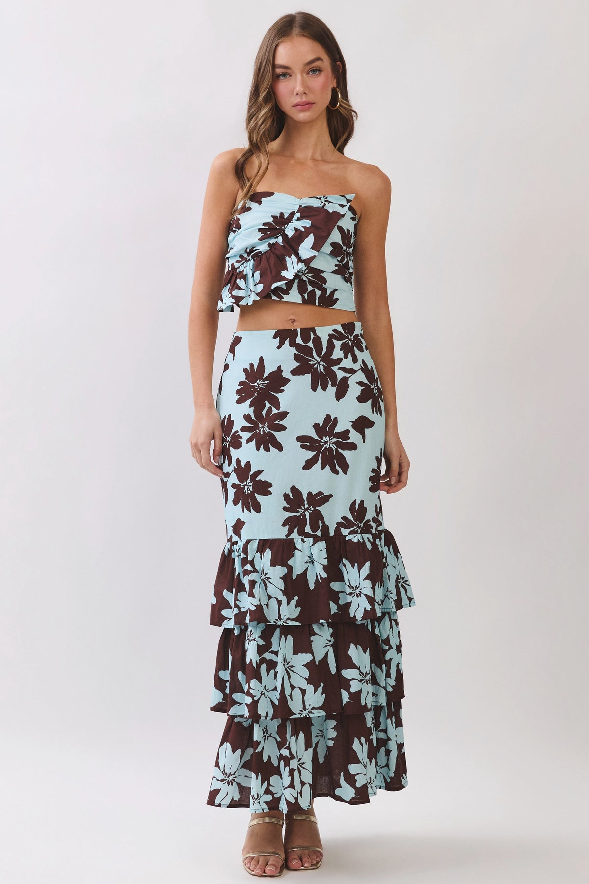 TCEC Women's Top Floral Print Strapless Ruffle Crop Top