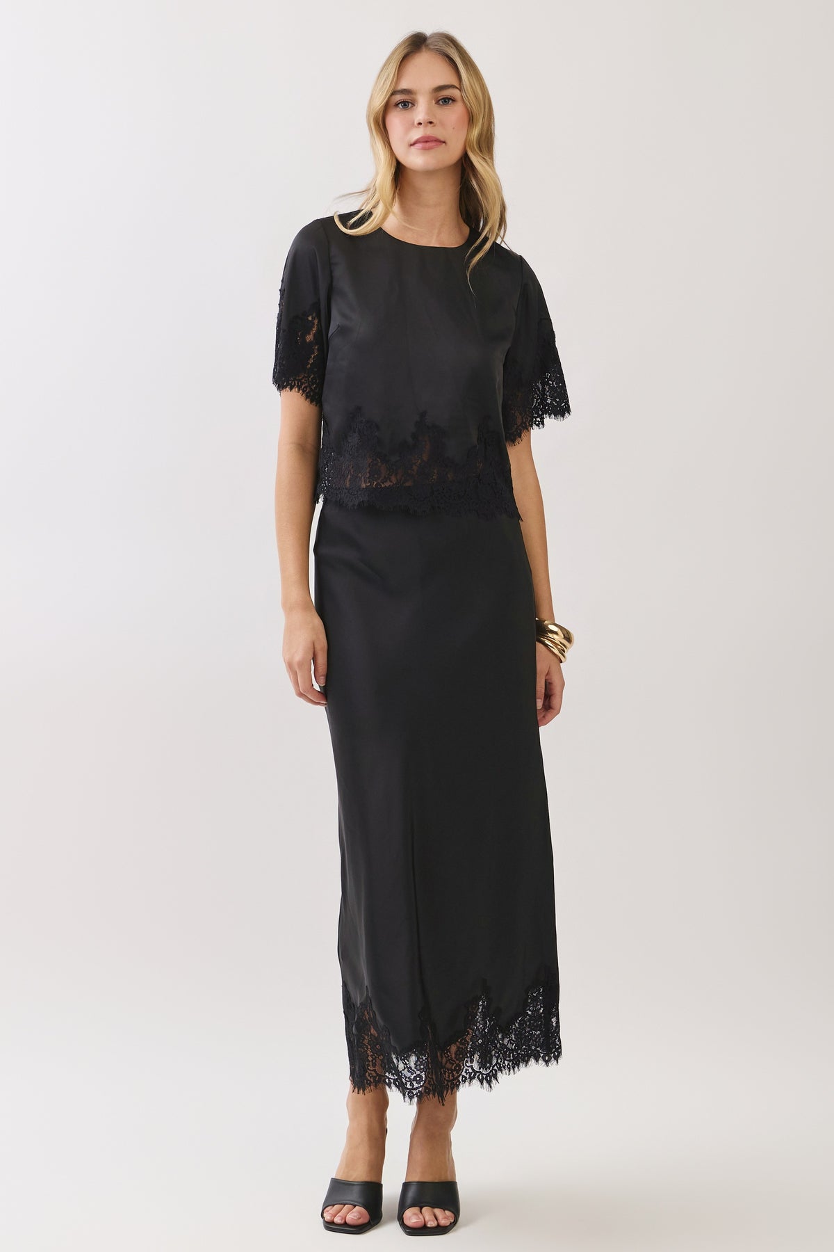 TCEC Women's Top Lace Trim Detail Relaxed Fit Satin Top