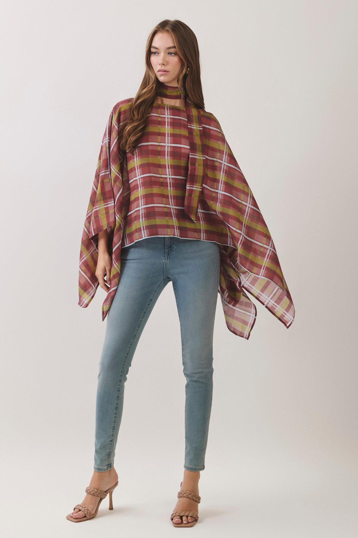 TCEC Women's Top Plaid Scarf Neck Poncho Top