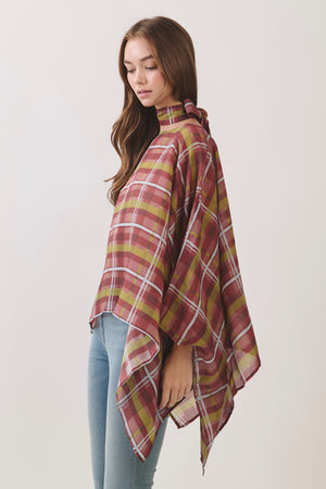 TCEC Women's Top Plaid Scarf Neck Poncho Top