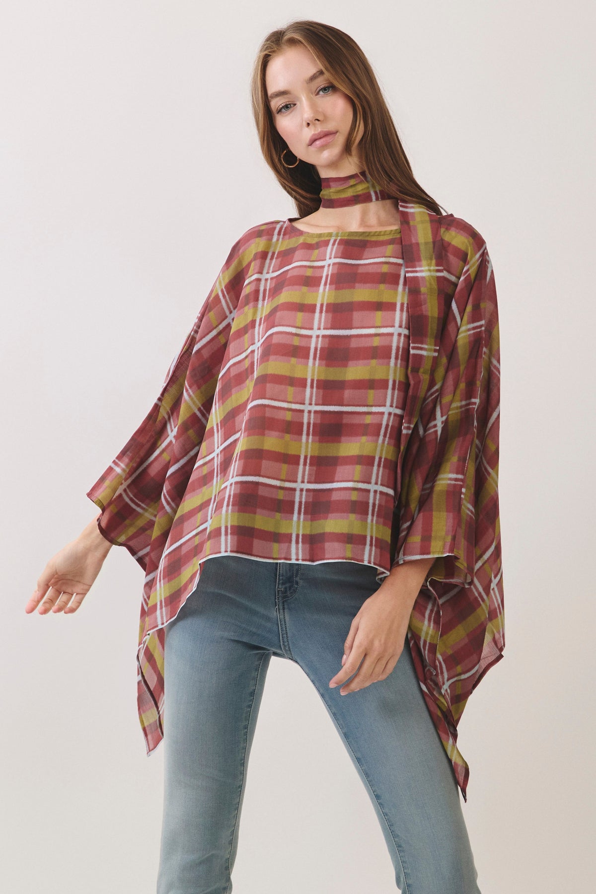TCEC Women's Top Plaid Scarf Neck Poncho Top
