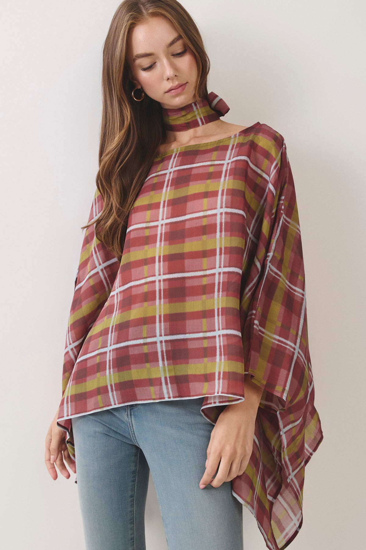 TCEC Women's Top Plaid Scarf Neck Poncho Top