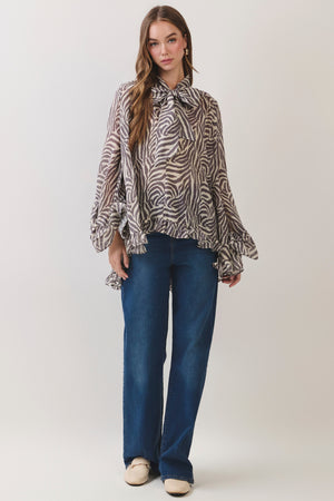 TCEC Women's Top Zebra Print Ruffle Detail High Low Hem Blouse