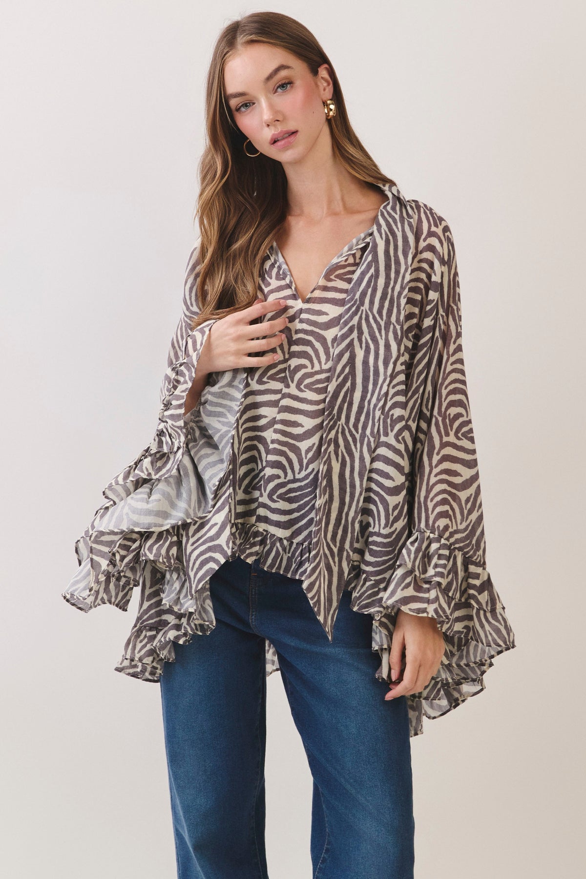 TCEC Women's Top Zebra Print Ruffle Detail High Low Hem Blouse