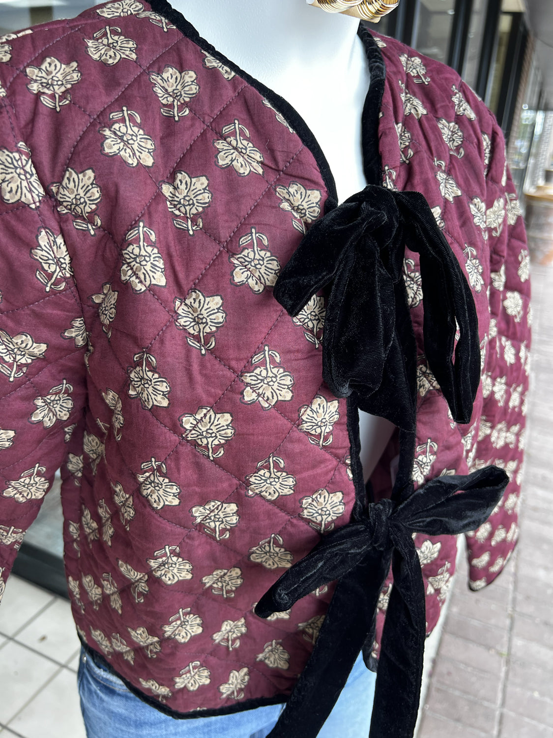 THML Women Jackets Velvet Bow Floral Quilted Jacket