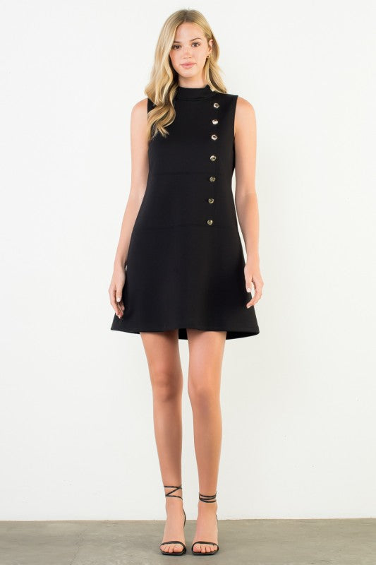 Button Detail High Neck Sleeveless Dress