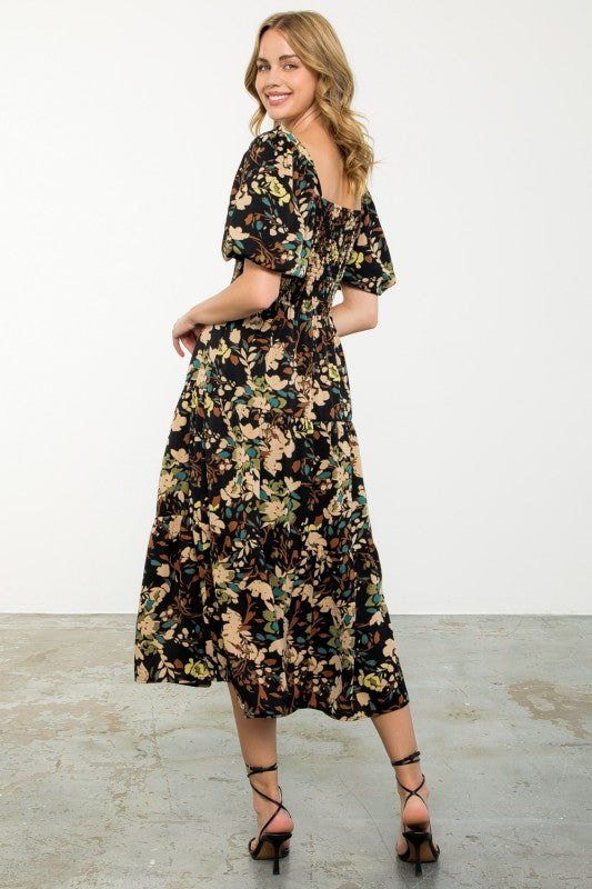 THML Women's Dresses Puff Sleeve Smocked Floral Dress