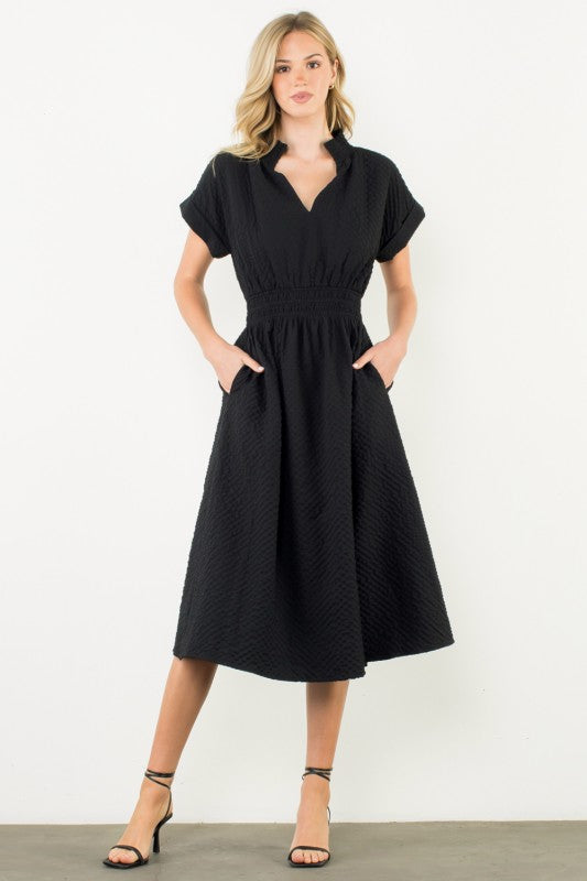THML Women's Dresses Textured Split Neck Smocked Waist Dress || David's Clothing