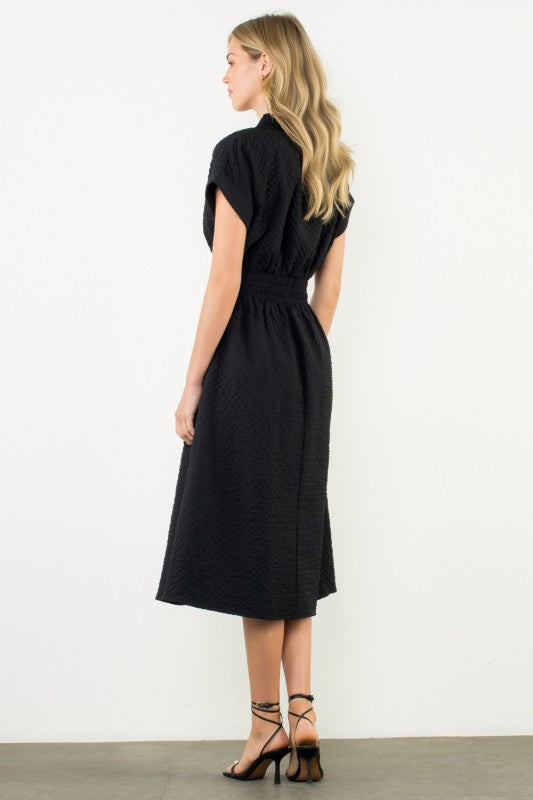 THML Women's Dresses Textured Split Neck Smocked Waist Dress || David's Clothing