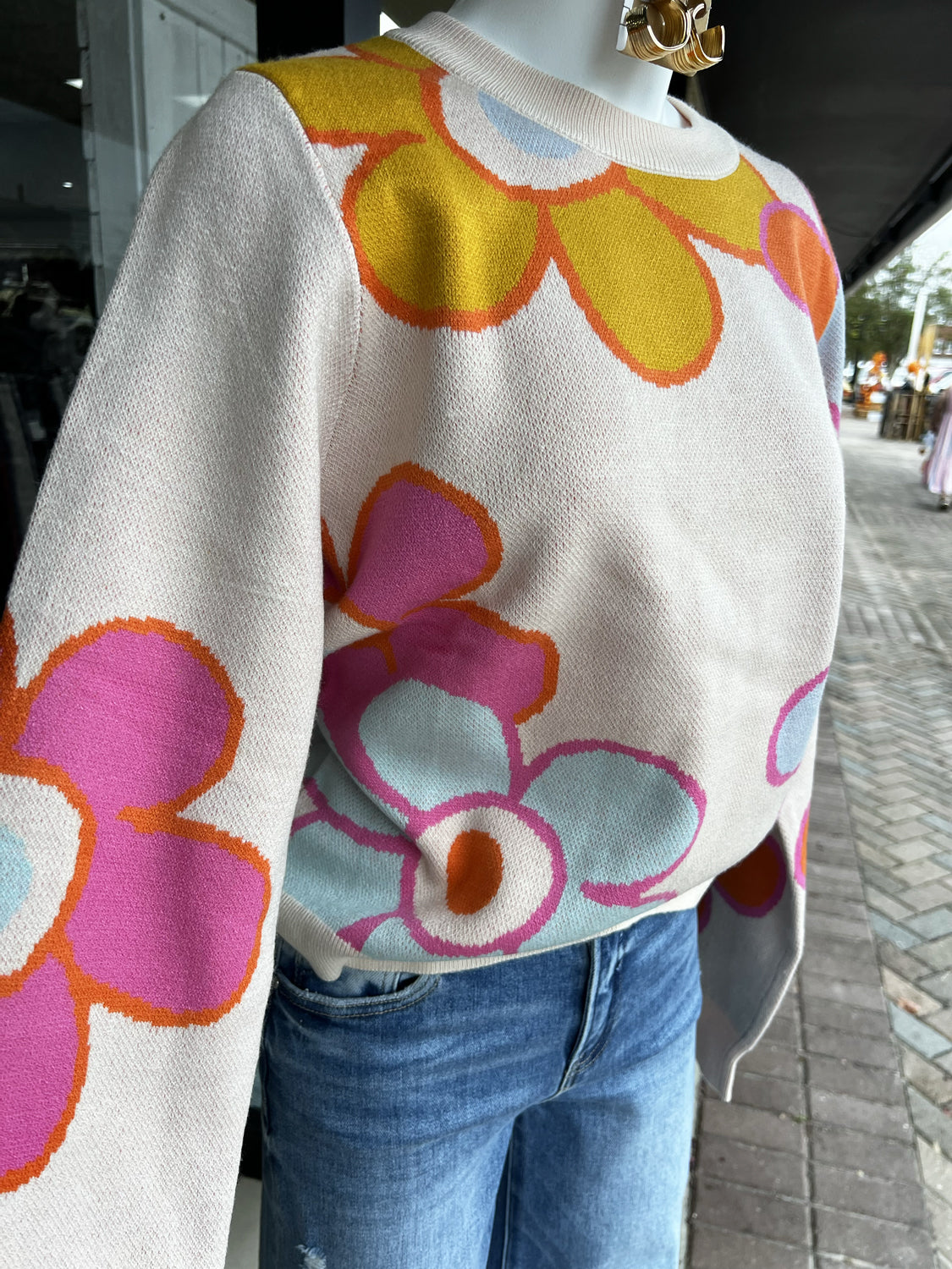 THML Women's Sweaters MUSTARD / XS Color Block Flower Knit Sweater TMK2223