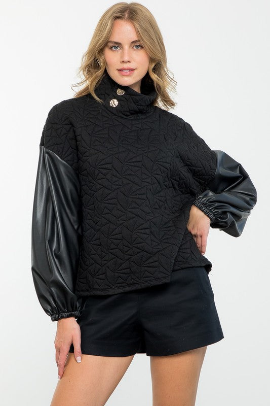 THML Women's Sweaters Leather Sleeve Textured Top || David's Clothing