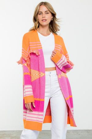 THML Women's Sweaters Stripe Fringe Long Cardigan || David's Clothing
