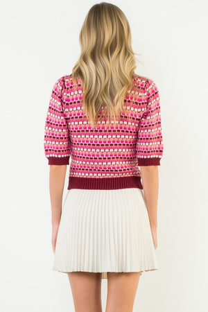 THML Women's Sweaters Textured Stripe Puff Sleeve Knit Top