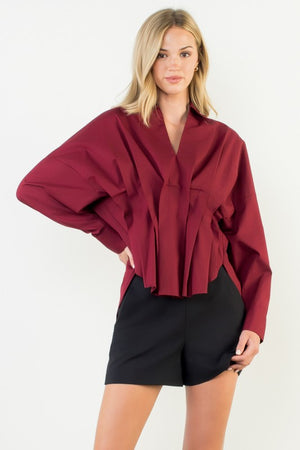 THML Women's Top Collared Long Sleeve V-neck Top