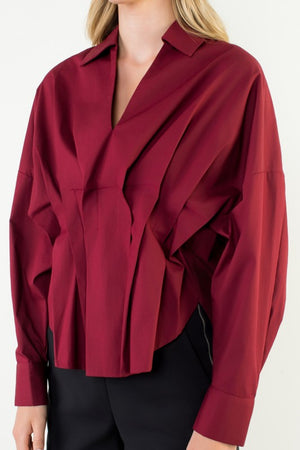 THML Women's Top Collared Long Sleeve V-neck Top