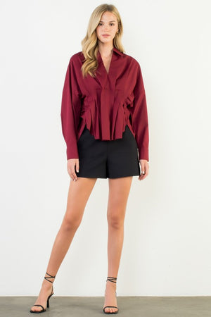 THML Women's Top Collared Long Sleeve V-neck Top