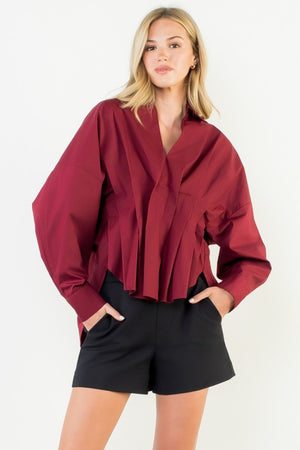 THML Women's Top Collared Long Sleeve V-neck Top