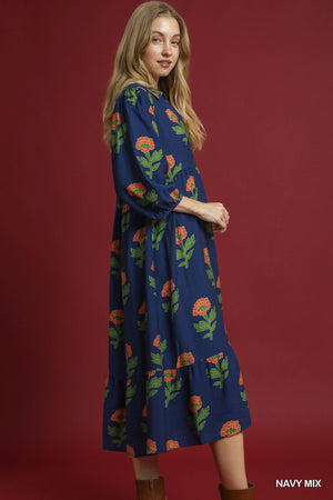 UMGEE USA Women's Dresses Floral Print Maxi Dress with Bubble Sleeves