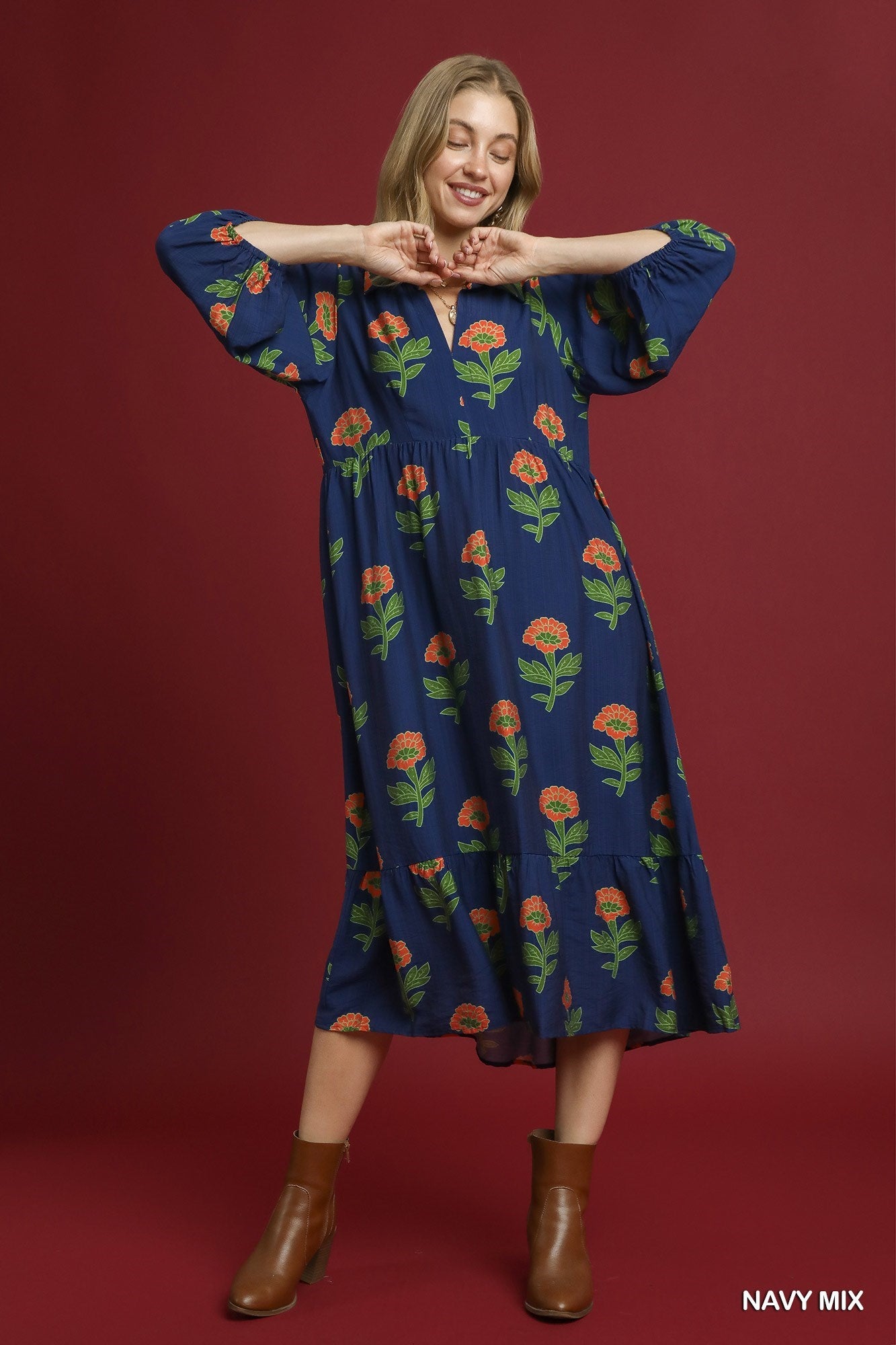 UMGEE USA Women's Dresses Floral Print Maxi Dress with Bubble Sleeves