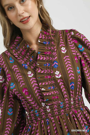 UMGEE USA Women's Dresses Striped Floral Print Midi Dress with Ruffle Collar