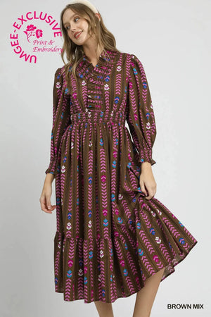 UMGEE USA Women's Dresses Striped Floral Print Midi Dress with Ruffle Collar