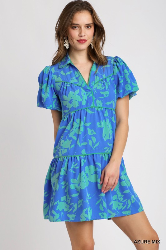 UMGEE USA Women's Dresses Two Tone Floral Print Collared Tiered A-Line Dress || David's Clothing