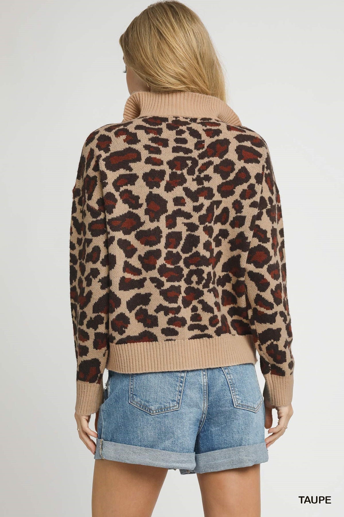 UMGEE USA Women's Sweaters Leopard Print Quarter-Zip Knit Sweater