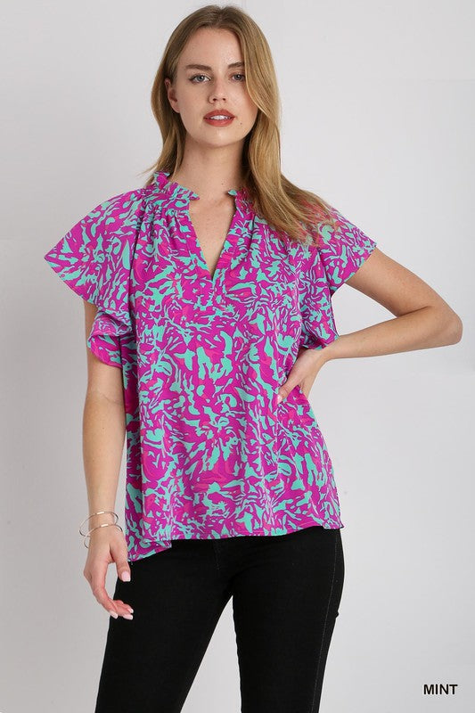 UMGEE USA Women's Top Two Tone Abstract Print Top || David's Clothing
