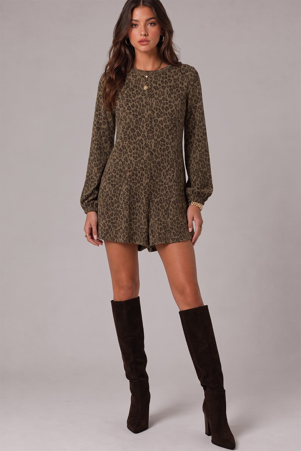 VERY J Women's Romper Leopard Print Long Sleeve Romper