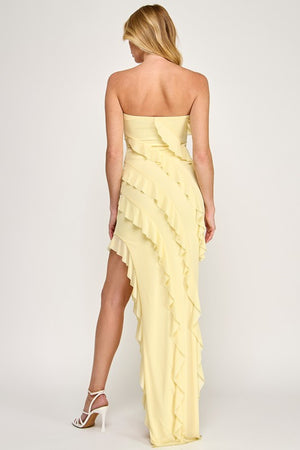 VINTAGE STORE Women's Dresses Tube Mesh Frilled Slit Side Dress