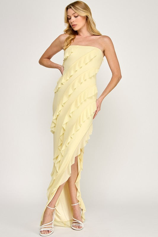 frilled dresses for women Tube Mesh Frilled Slit Side Dress