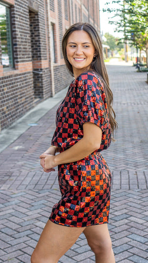 WHY Women's Top Checkered Sequin Top || David's Clothing