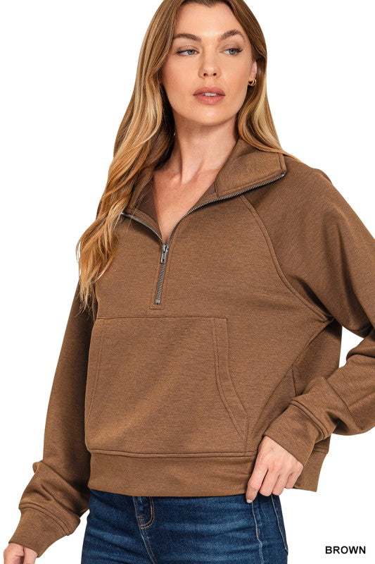 ZENANA Women's Pullovers Scuba Half Zip Pullover With Kangaroo Pocket