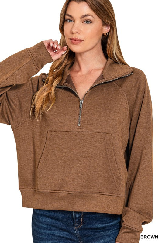 ZENANA Women's Pullovers Scuba Half Zip Pullover With Kangaroo Pocket