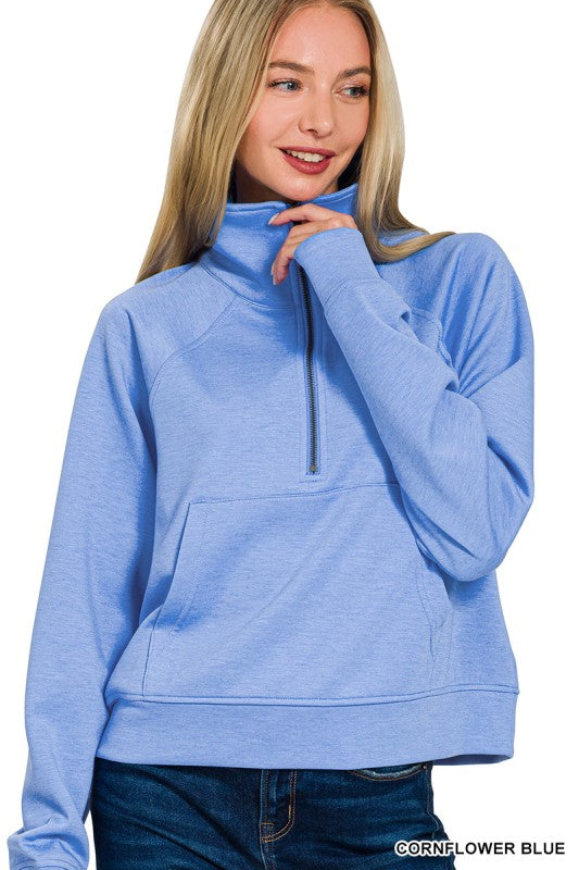 ZENANA Women's Pullovers Scuba Half Zip Pullover With Kangaroo Pocket