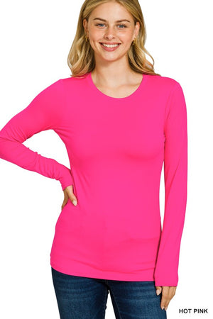 ZENANA Women's Top HOT PINK / S Brushed Microfiber Long Sleeve Round Neck Tee MT-2053M8