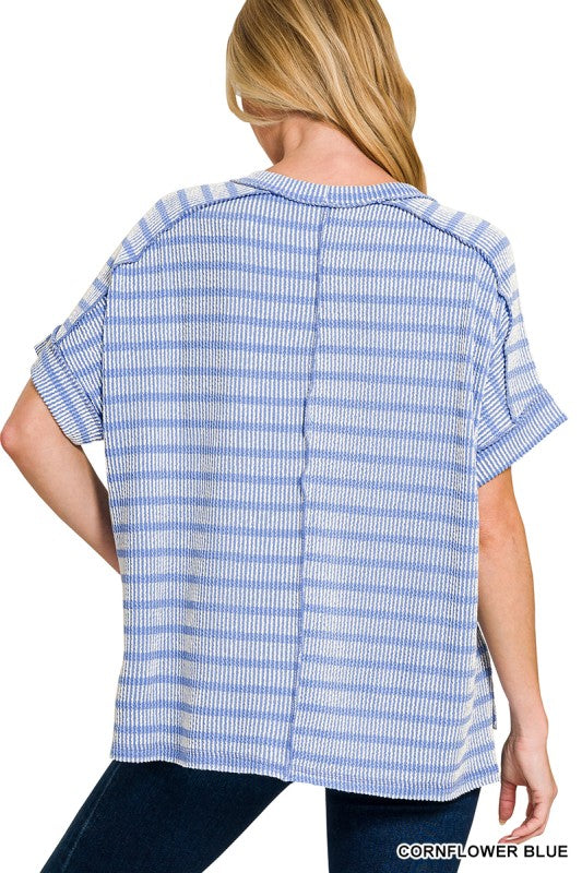 ZENANA Women's Top Raised Rib Striped Exposed Seam Top