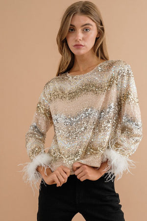 Blue B Collection Women's Top Sequin Neutral Feather Cuff Top || David's Clothing